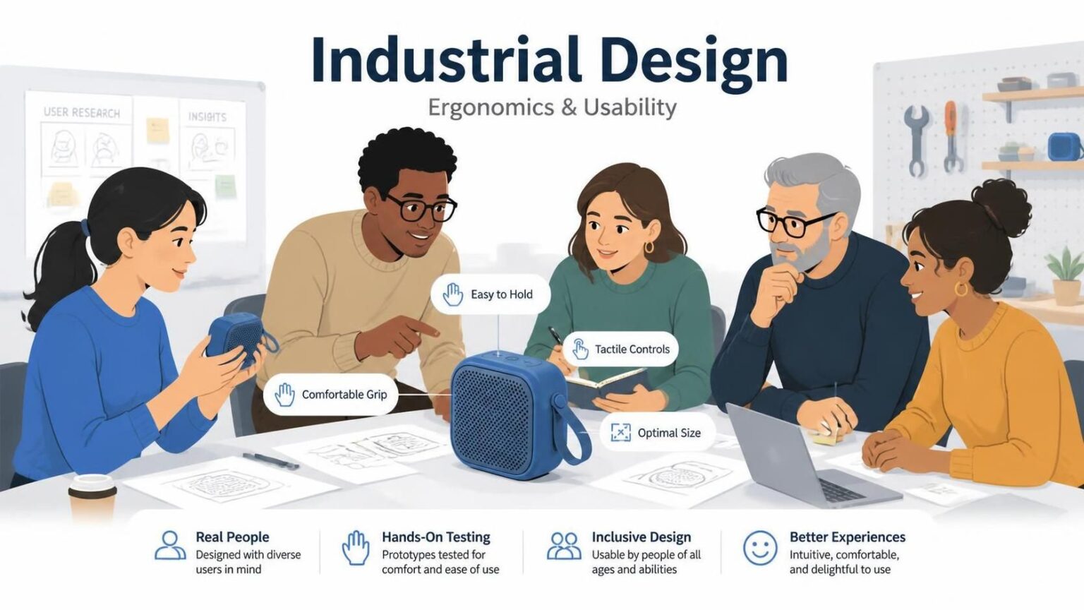 Workshop illustration for an industrial design blog showing diverse people testing a product prototype and assessing ergonomics and usability.