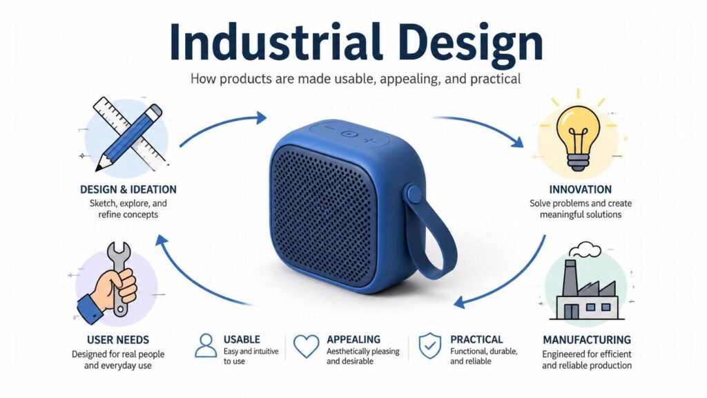 blue product form centered on a white background, surrounded by design-related icons to explain industrial design.