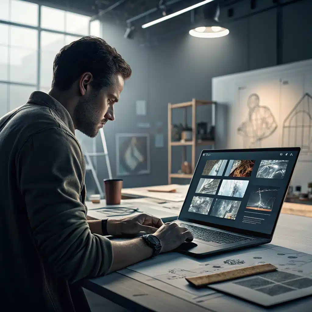 Industrial designer using AI tools on laptop with concept thumbnails