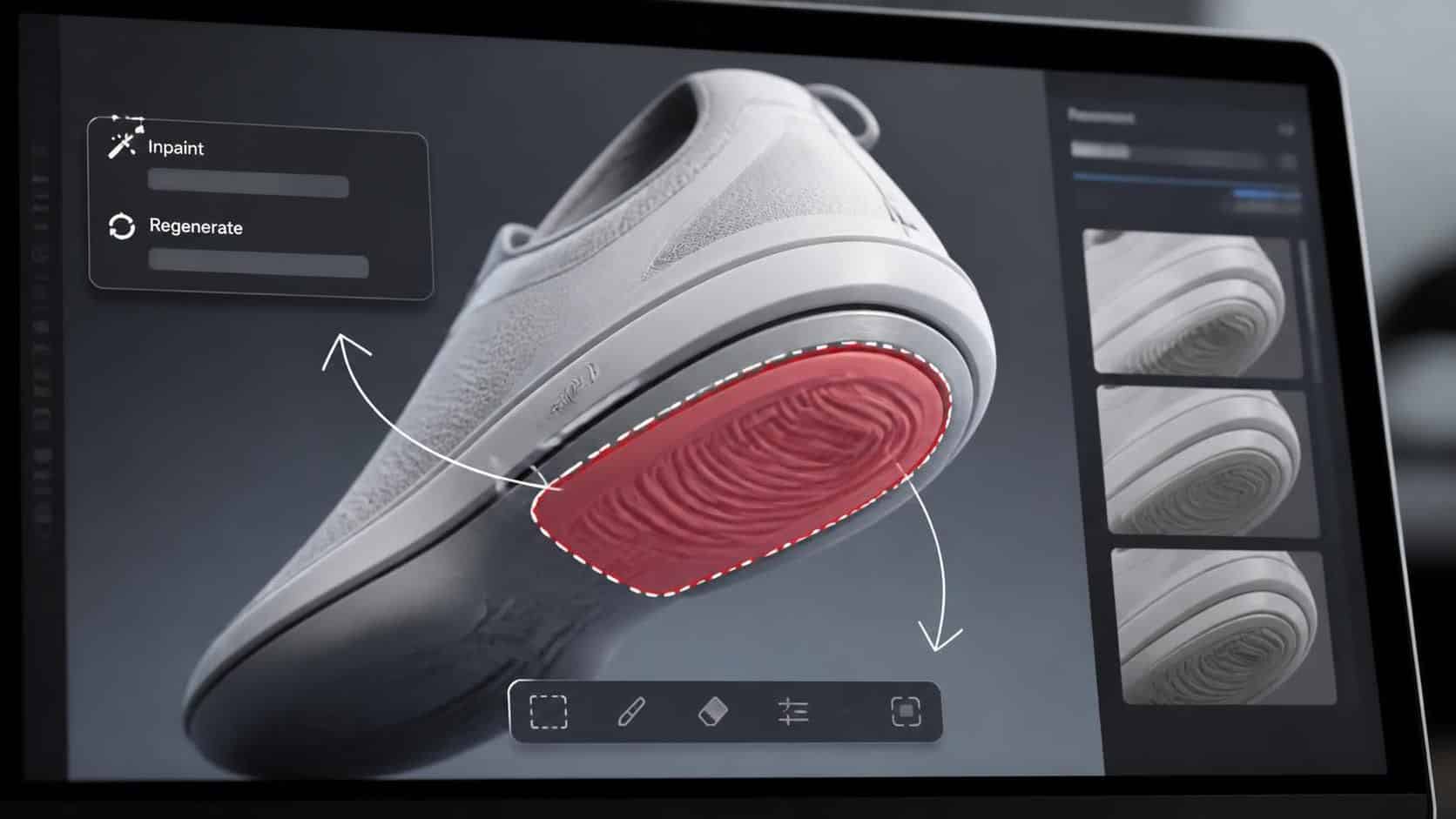Industrial designer workflow using AI to generate, select, and refine product concept thumbnails on a laptop