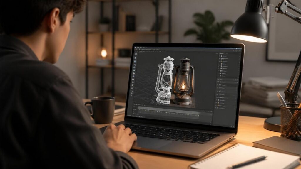 Person using a laptop to create a 3D model with a rotating object on screen