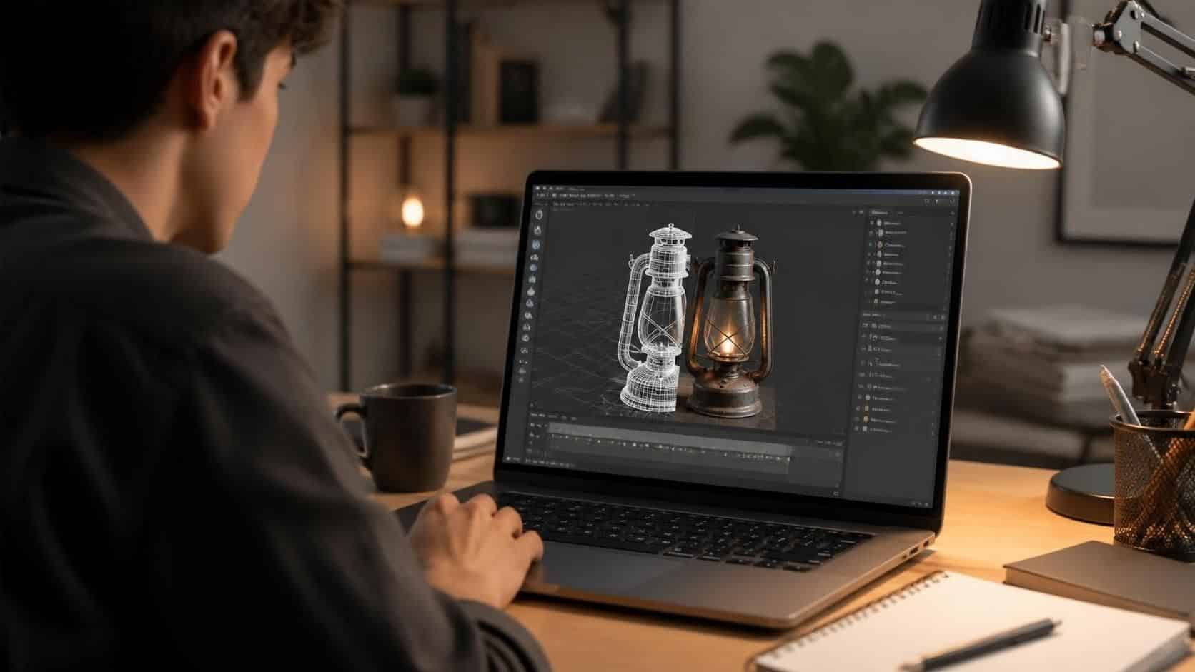 Person using a laptop to create a 3D model with a rotating object on screen