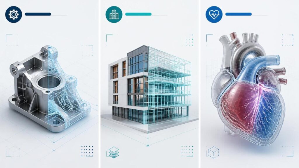 Split-screen showing a 3D CAD part, a building BIM view, and a medical scan model