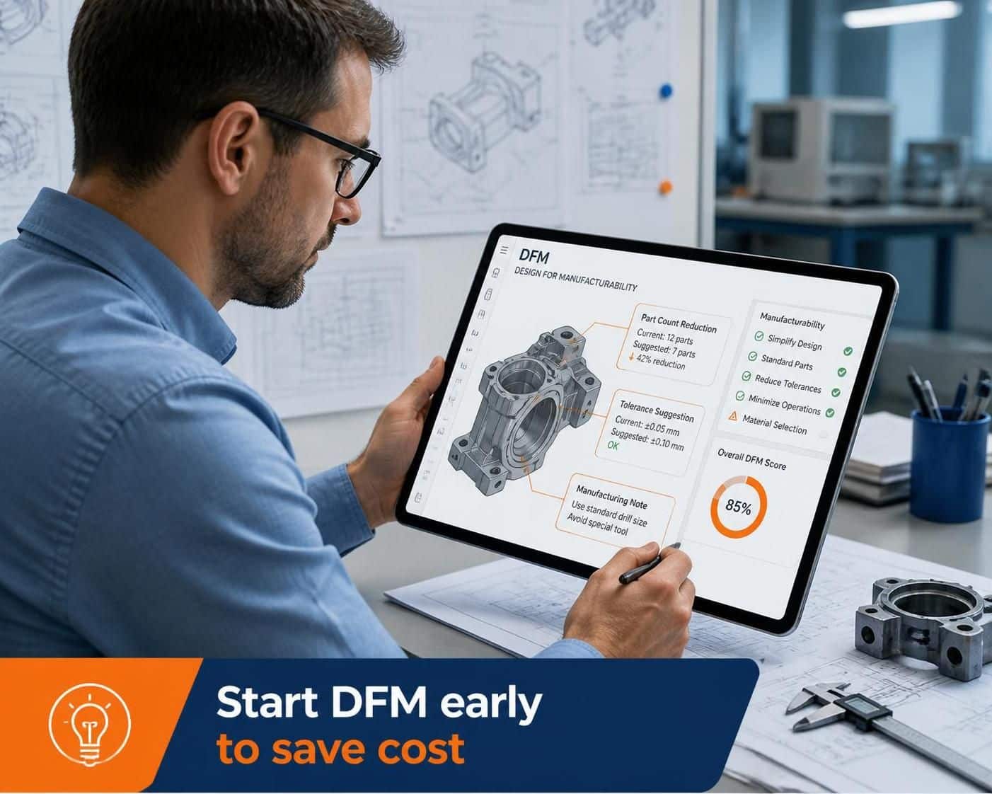 Engineer reviewing a product blueprint with manufacturing notes