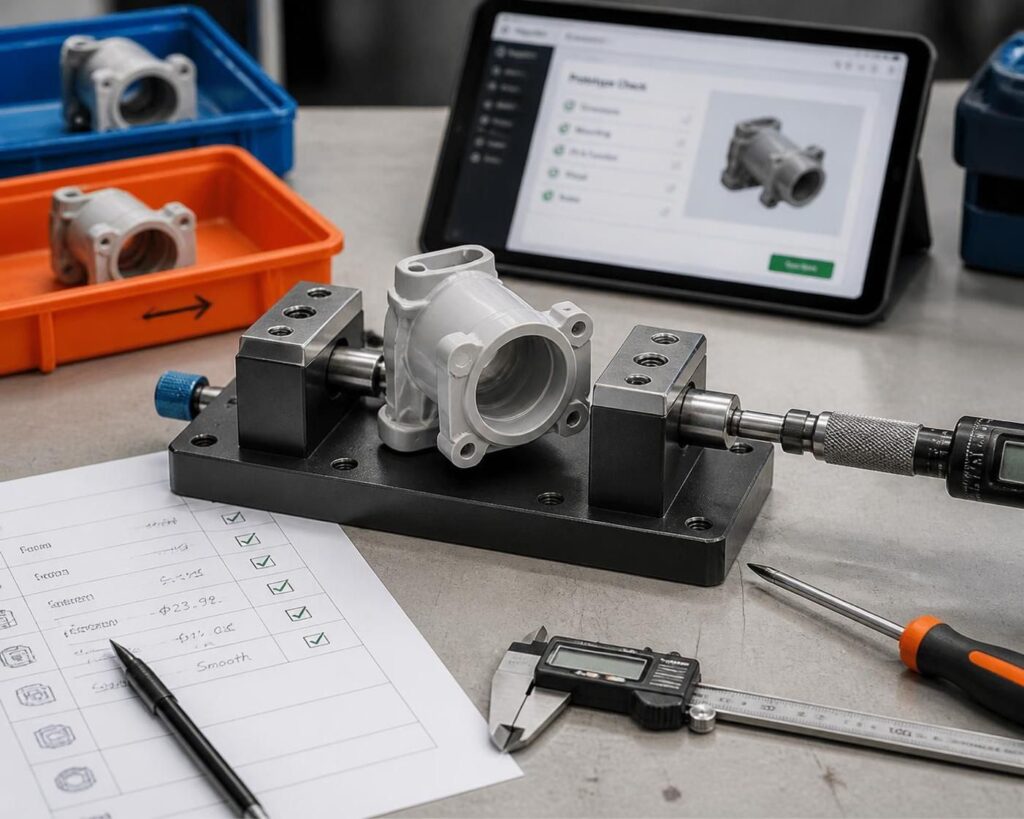 Prototype parts being tested on a simple workbench