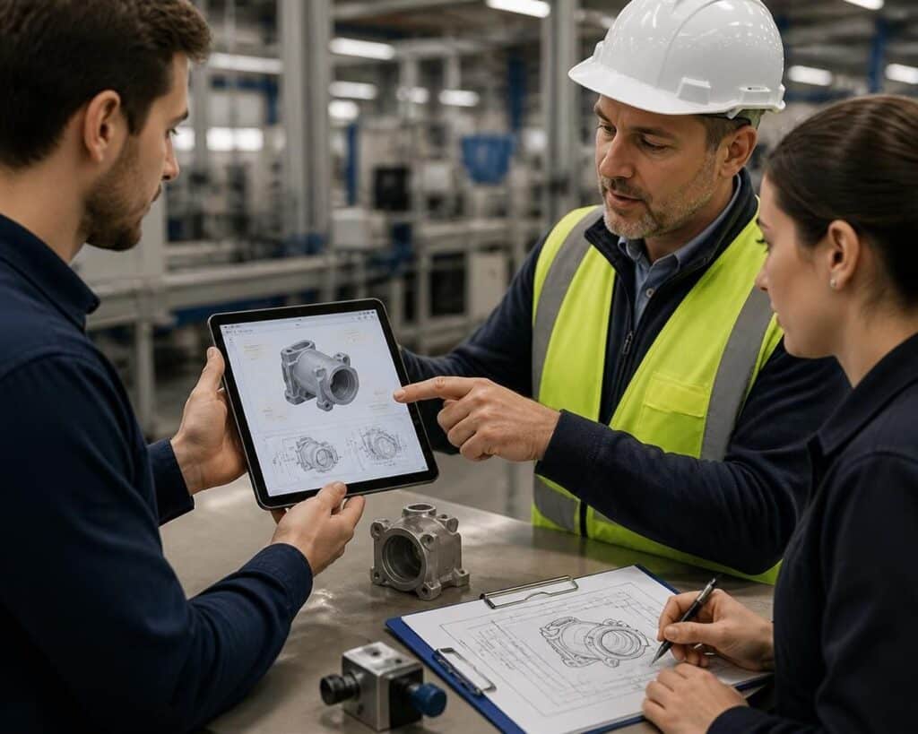 Team meeting between designers and factory engineers near a production line