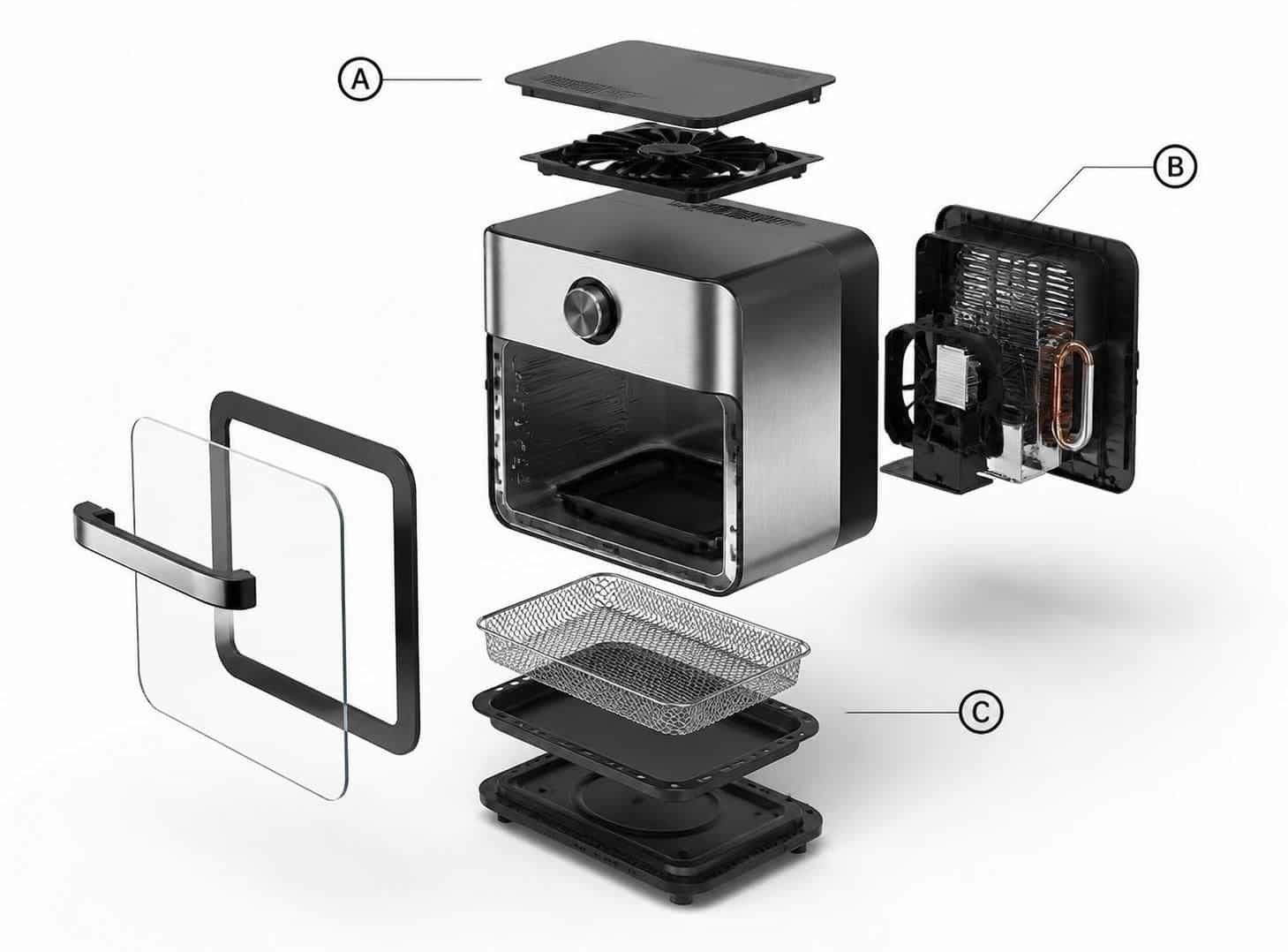Affordable 3D rendering showing an exploded view of product parts for concept design