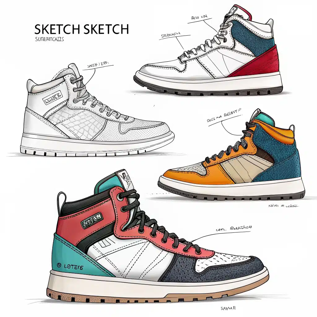 Side-by-side concept variations of a sneaker created from a sketch reference