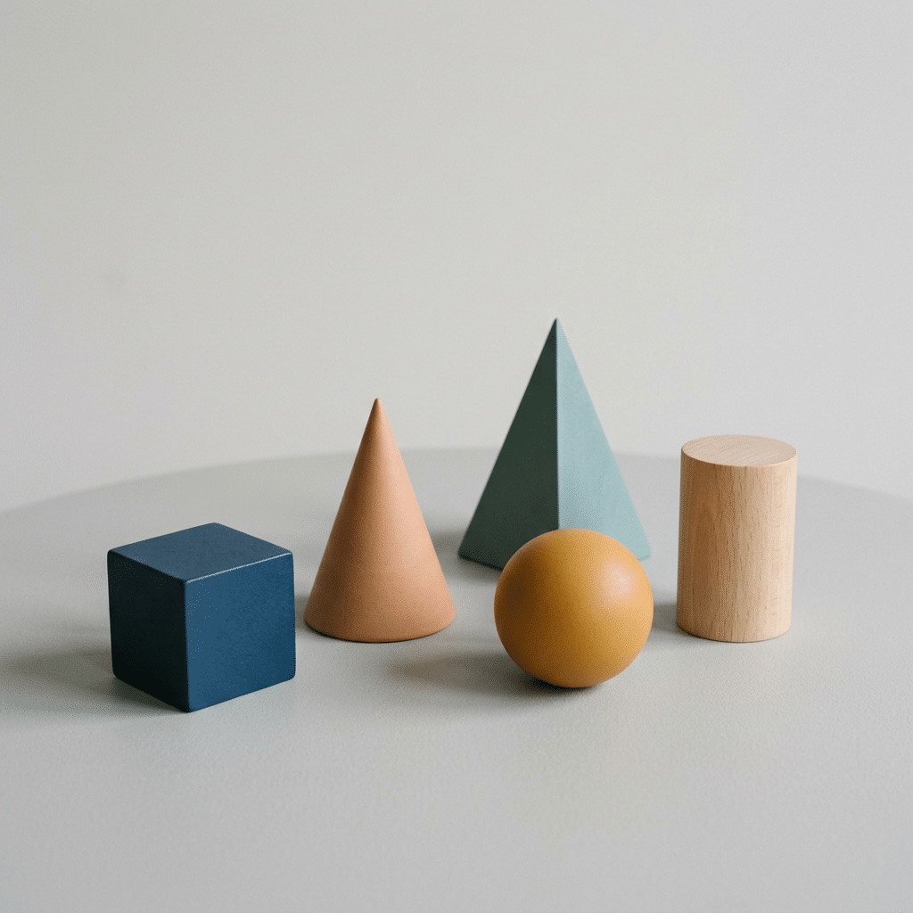 Five geometric shapes including a blue cube, orange cone, light blue pyramid, yellow sphere, and natural wood cylinder